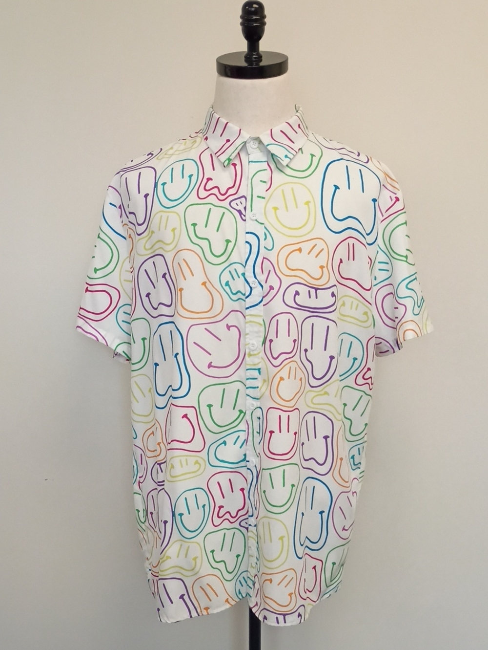 ROMWE Smiley Face Print Button Up Shirt White Short Sleeve Men's XXL
